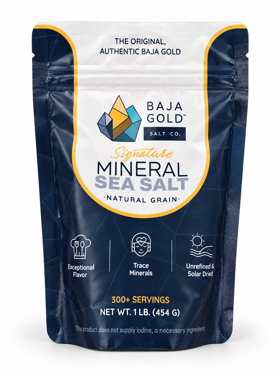 Baja Gold Signature Mineral Sea Salt Natural Grain in a navy and white 1 lb pouch