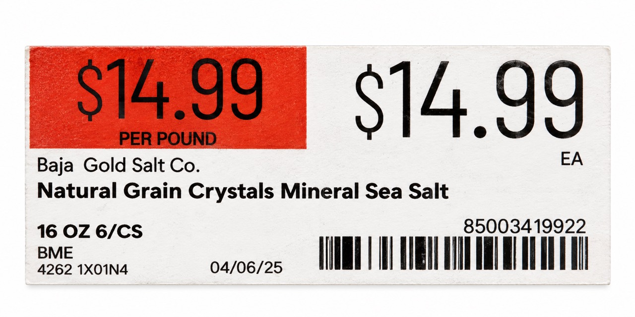 Baja Gold Natural Grain 16 oz shelf tag showing $14.99 and code 85003419922