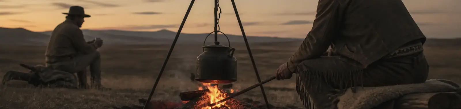 Gauchos at the fire with a kettle on an iron tripod