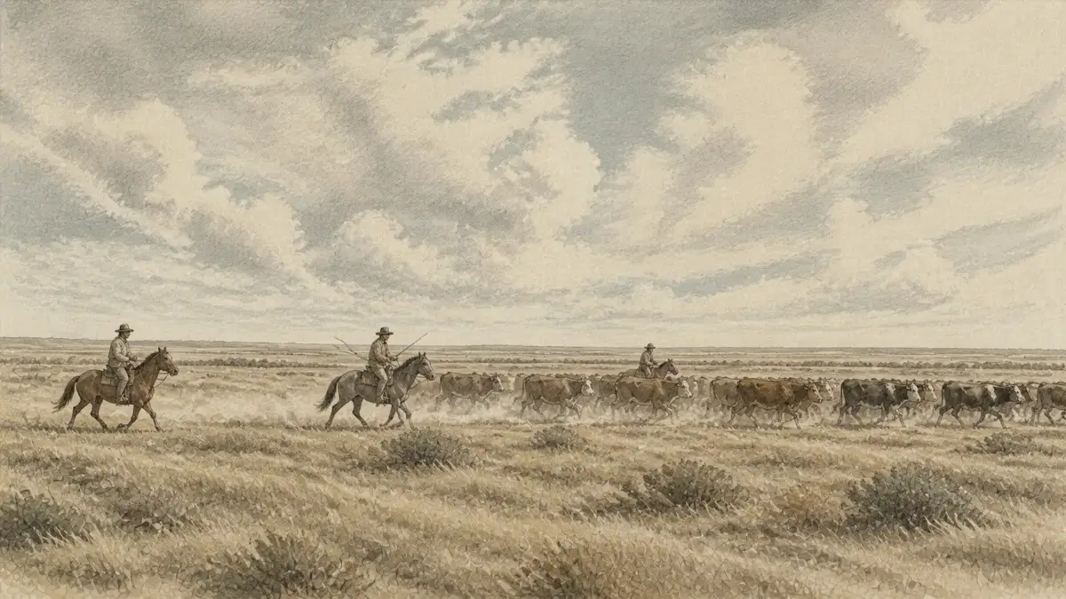 Gauchos moving a flock across open grassland