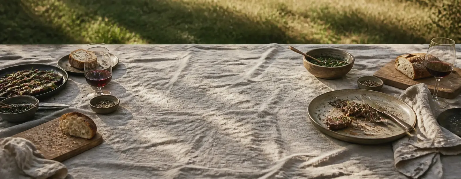 A long outdoor table after a meal, late afternoon