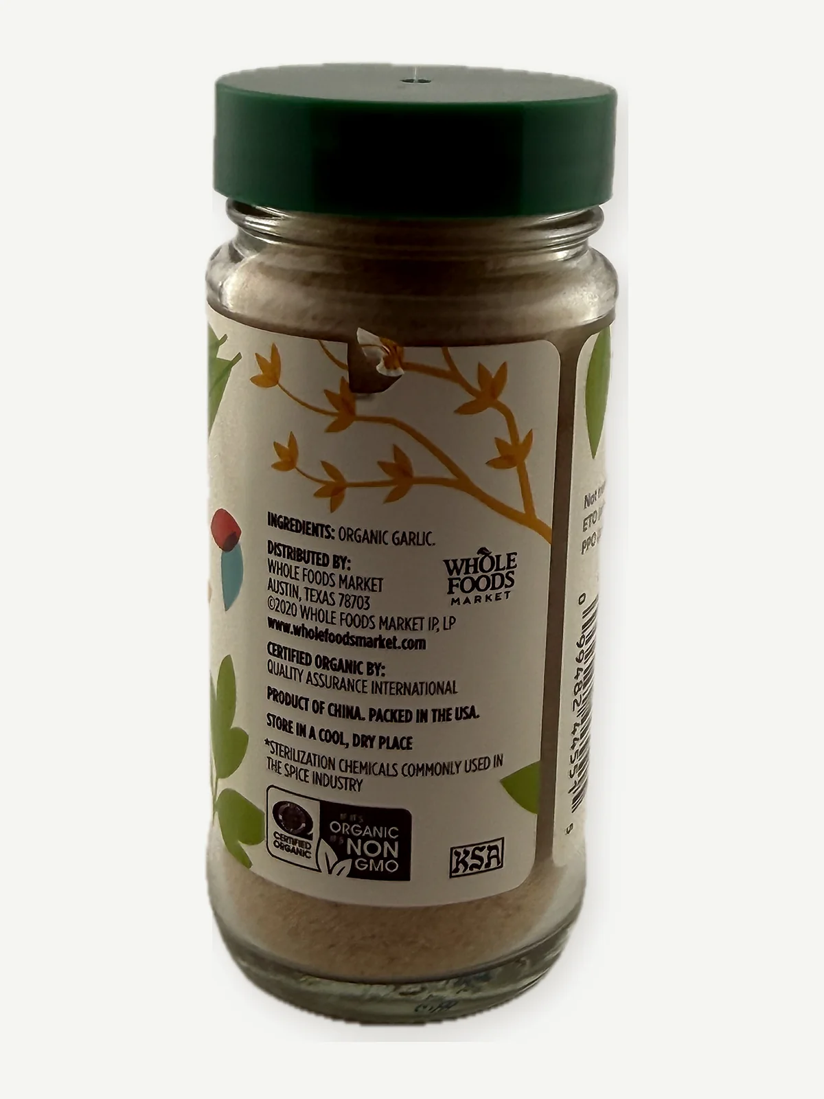 Back of 365 Whole Foods Market organic garlic granules package photographed for the Gaucho Ingredient Bench