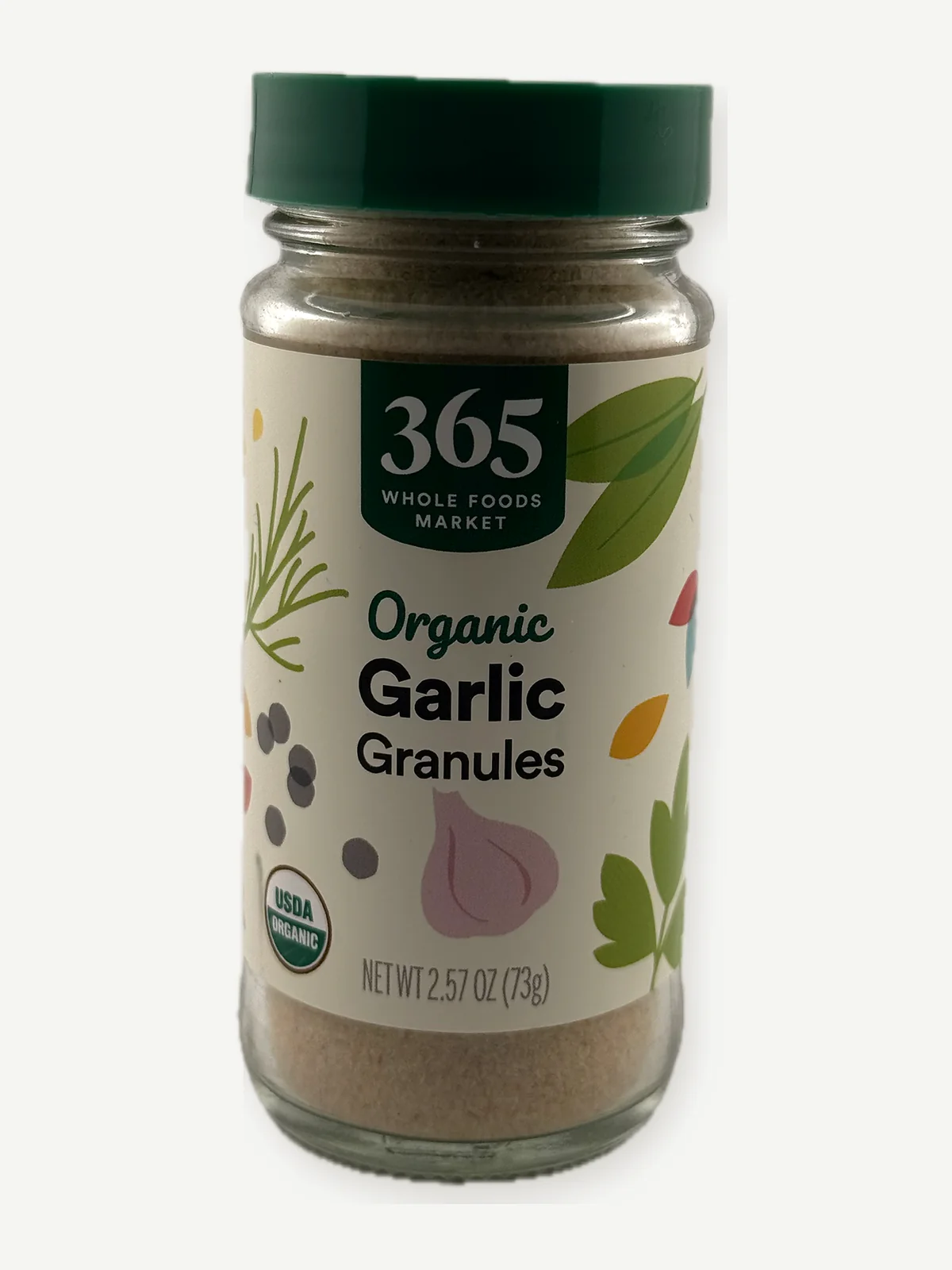 Front of 365 Whole Foods Market organic garlic granules package photographed for the Gaucho Ingredient Bench