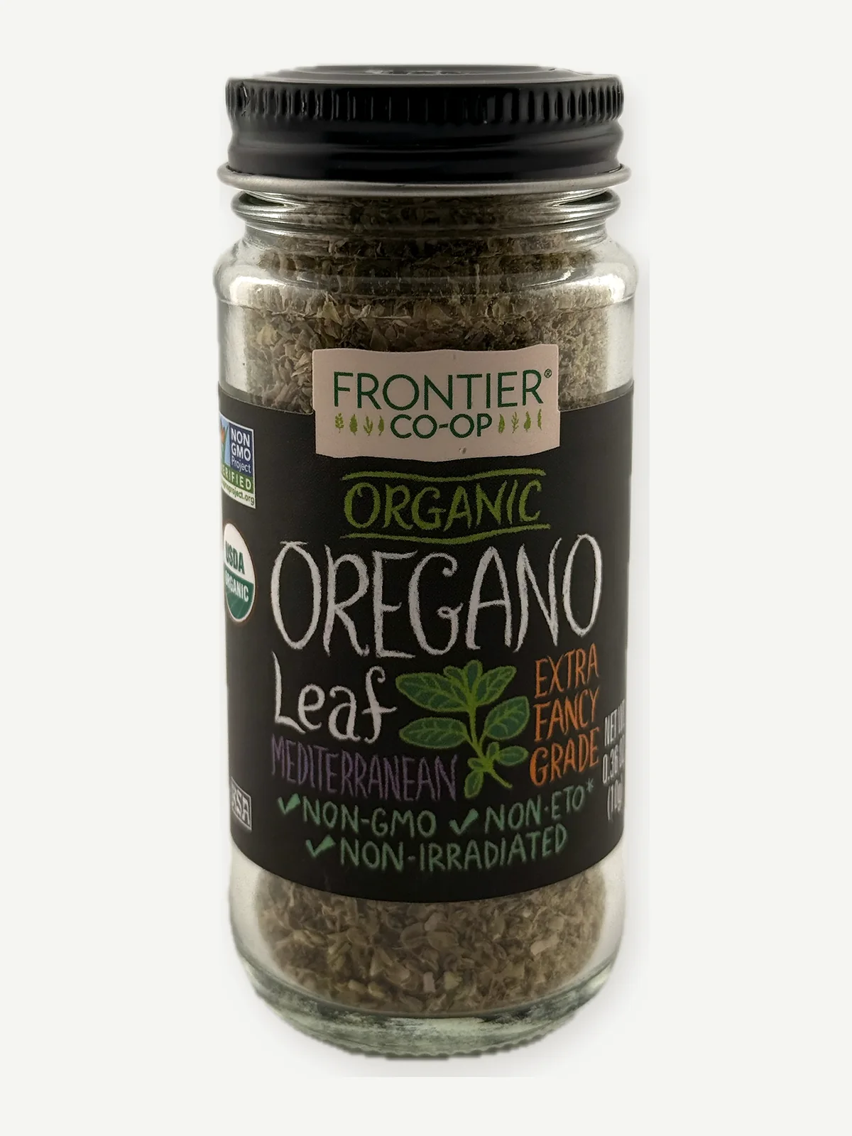 Front of Frontier Co-op organic oregano leaf package photographed for the Gaucho Ingredient Bench