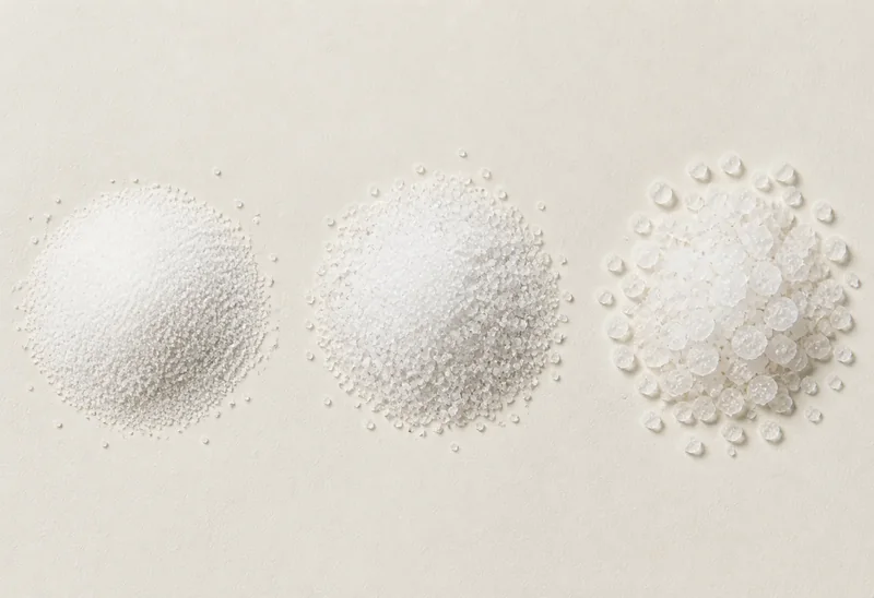 Fine · Coarse · Crystals — the blend, close up