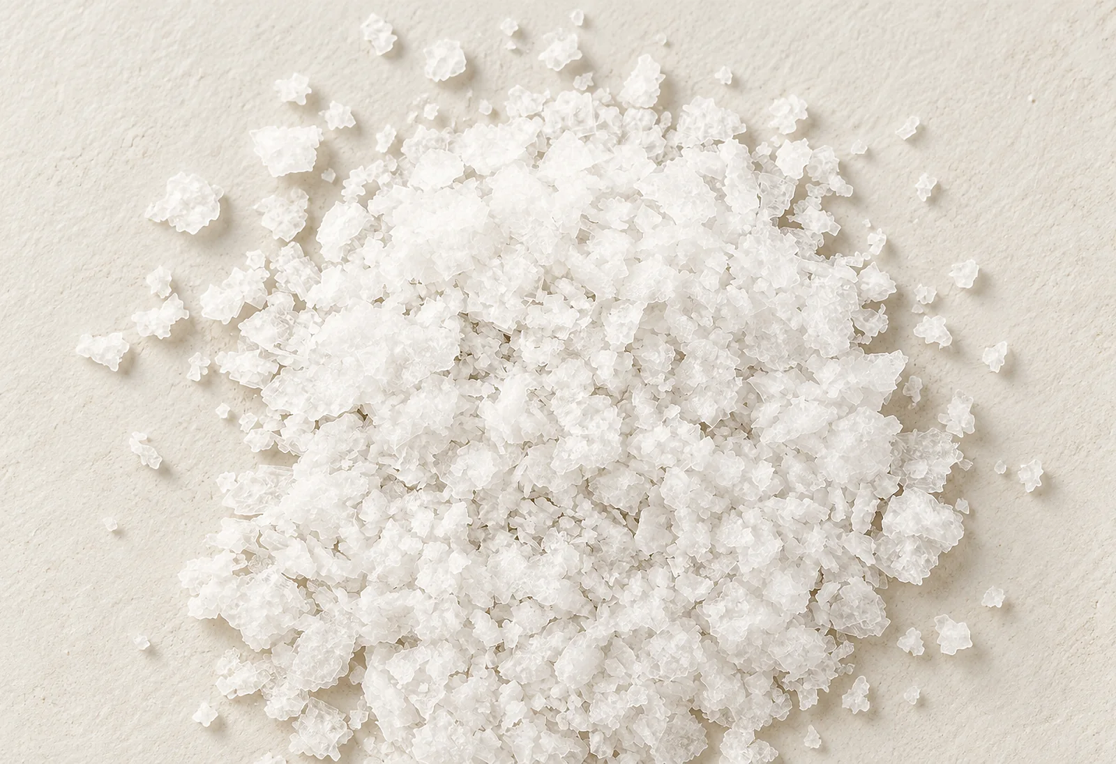 Translucent Patagonian finishing salt flakes on pale plaster