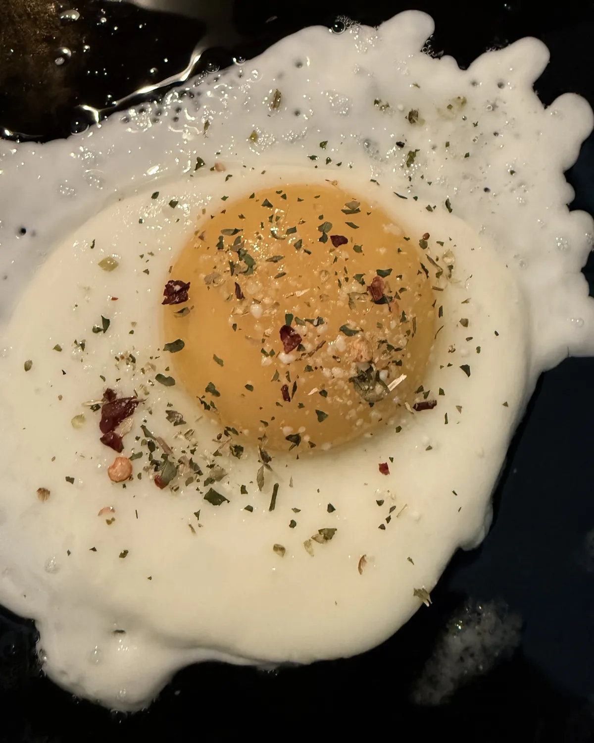 A fried egg in a dark pan with chimichurri salt on the yolk and white: salt crystals, green parsley and oregano flakes and red chile