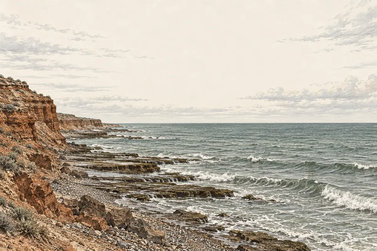 Illustration of rust-coloured Chubut cliffs, flat tidal rock platforms and grey-green Atlantic waves beneath an open sky