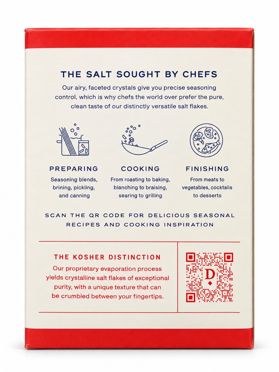 Diamond Crystal back panel with cooking suggestions and evaporation-process description