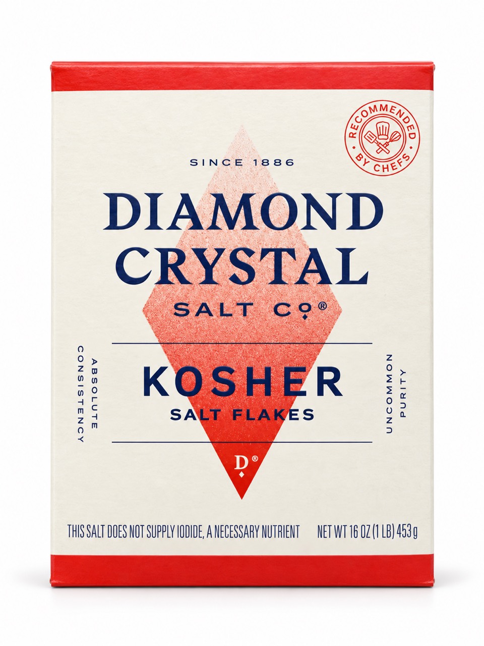 Diamond Crystal Kosher Salt Flakes in its cream and red 16 oz box