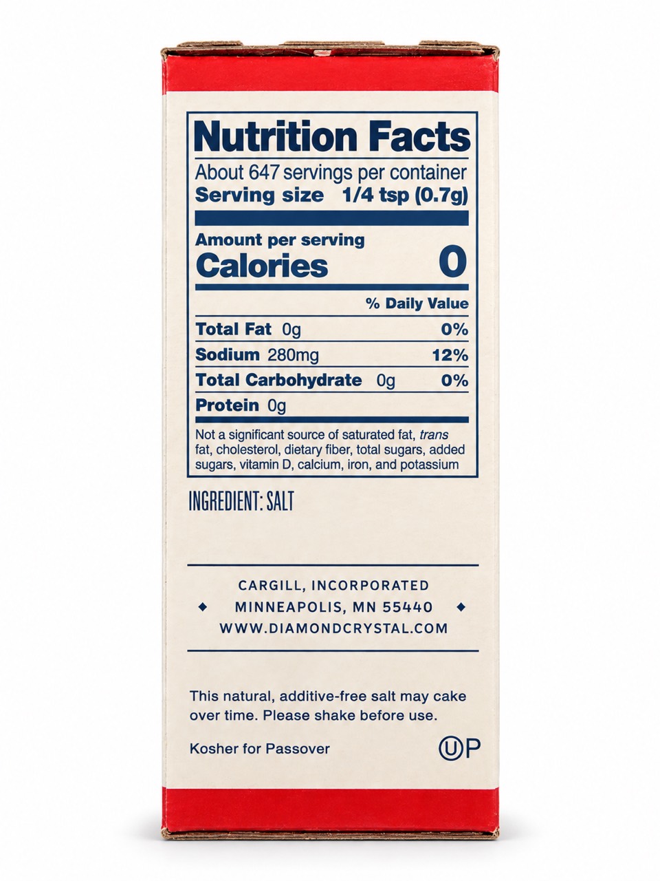 Diamond Crystal side panel with ingredients, Nutrition Facts, Cargill address and kosher mark