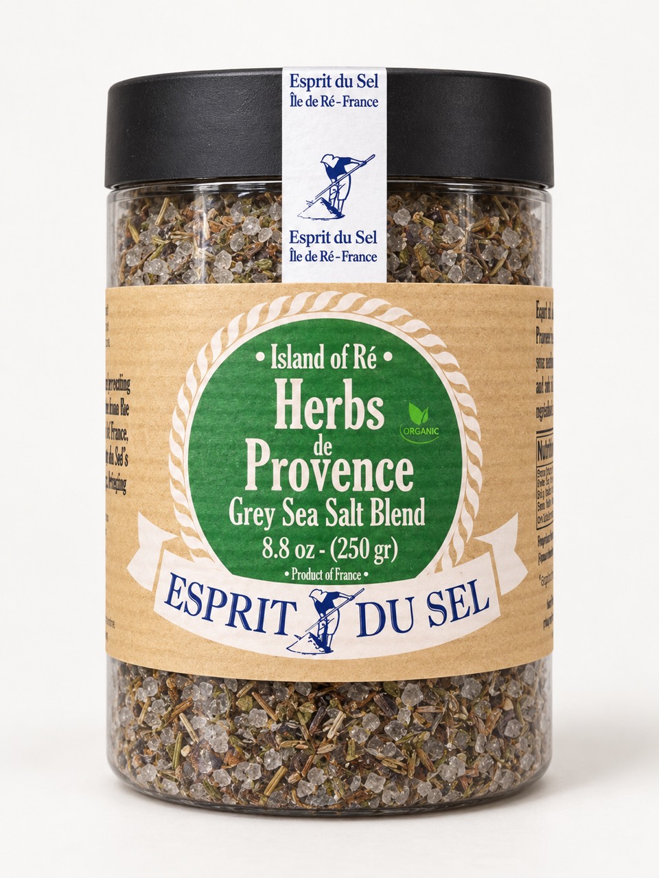 Esprit du Sel Herbs de Provence grey sea salt blend, 250 g jar with green front label