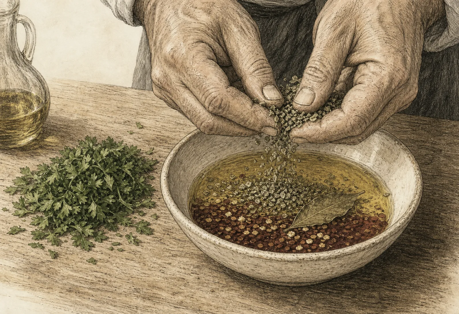 Weathered hands crumbling dried oregano into a bowl of oil, vinegar and chilli flakes, with chopped fresh parsley waiting on the board beside it