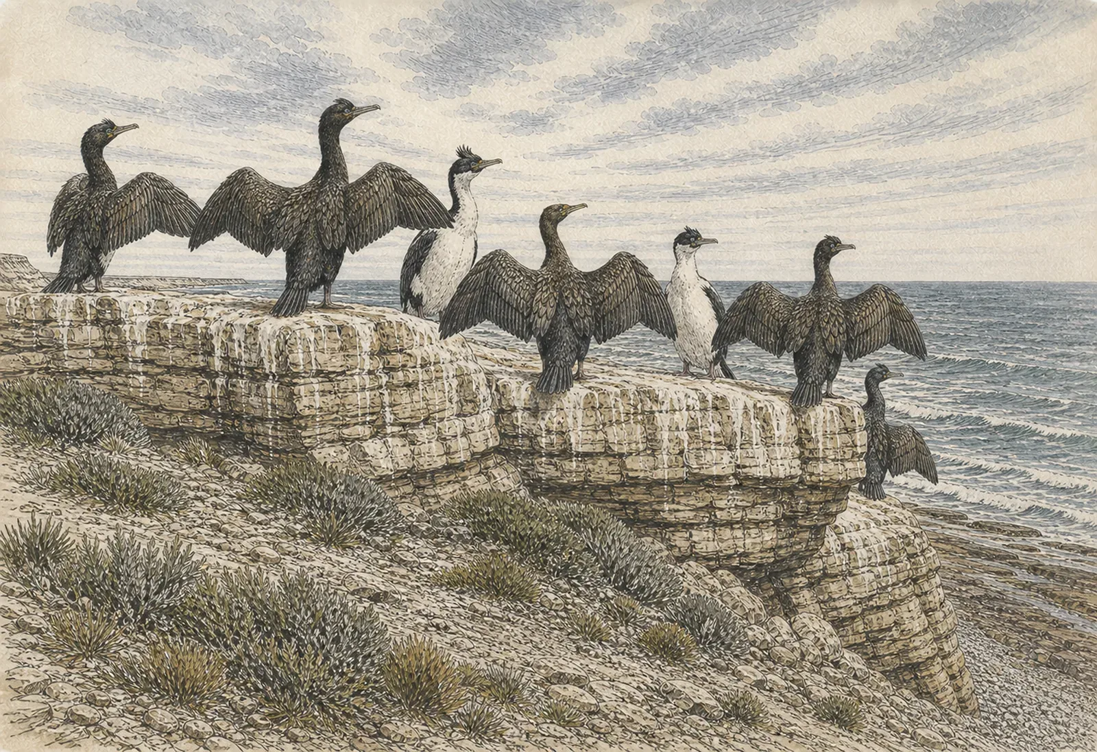 Cormorants standing with wings spread on a guano-streaked rock ledge above the sea