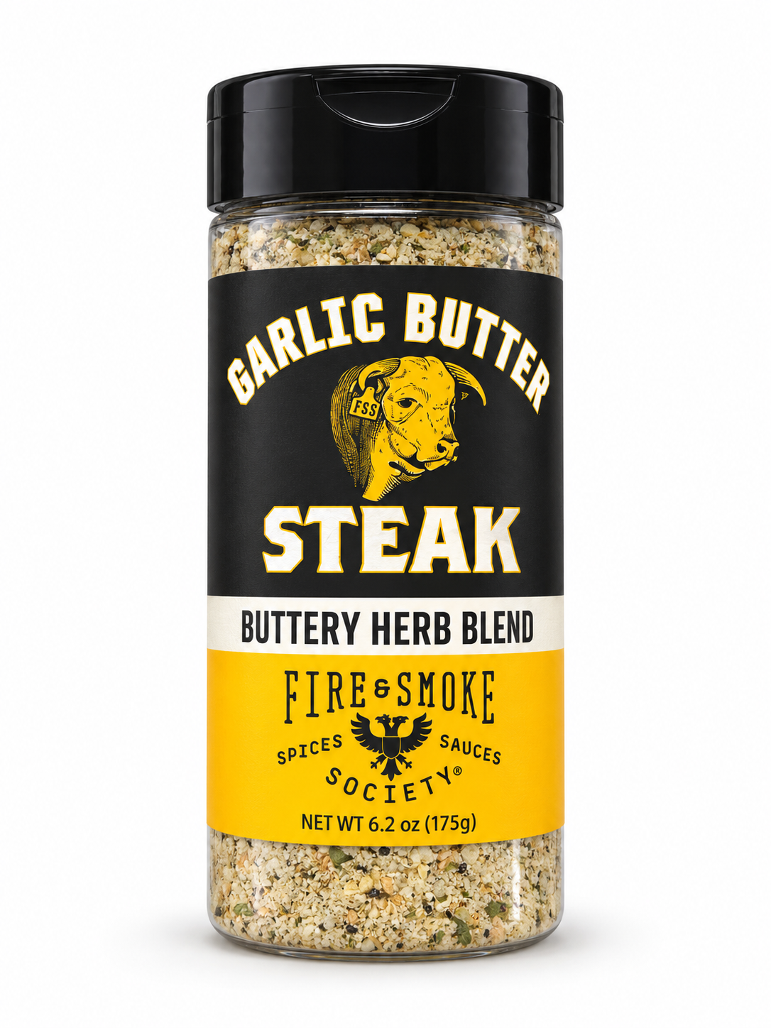 Fire & Smoke Society Garlic Butter Steak 6.2 oz jar with black cap and black and yellow steer label, cleaned presentation