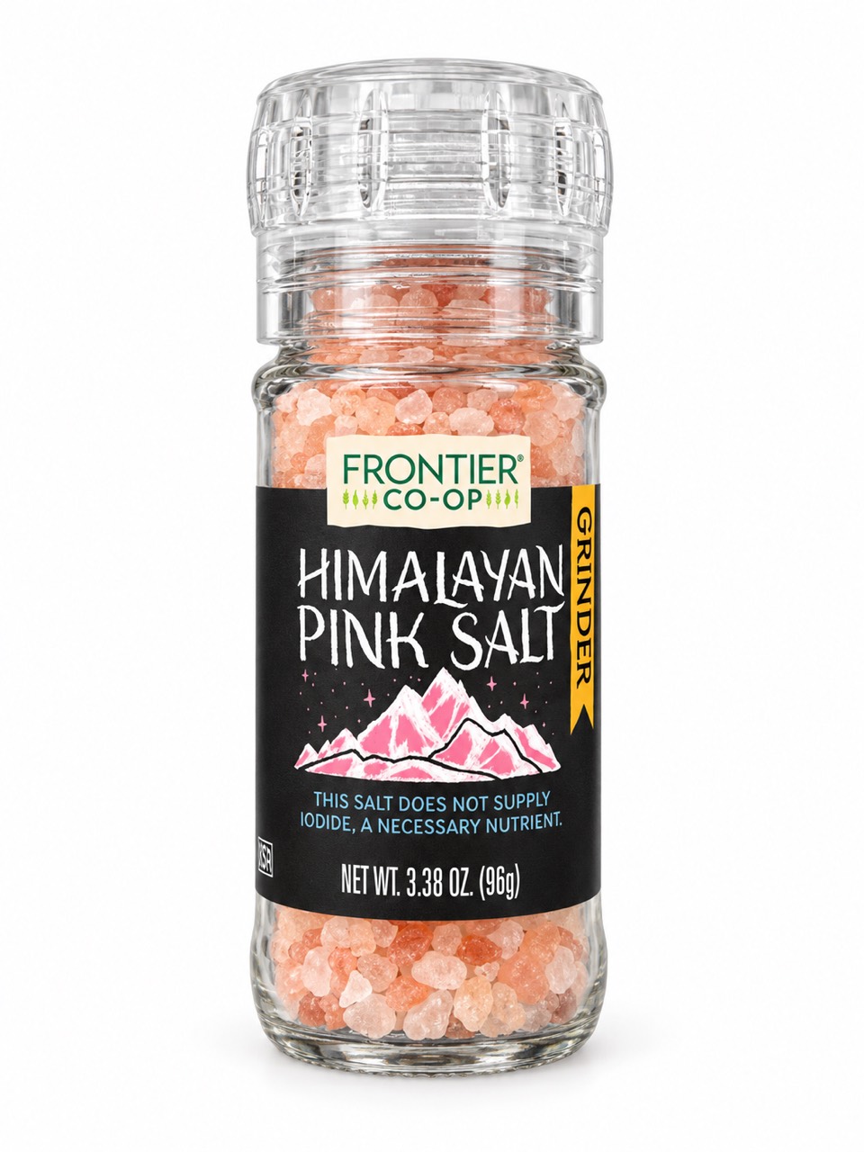 Frontier Co-op Himalayan Pink Salt in a clear-topped 96 g glass grinder