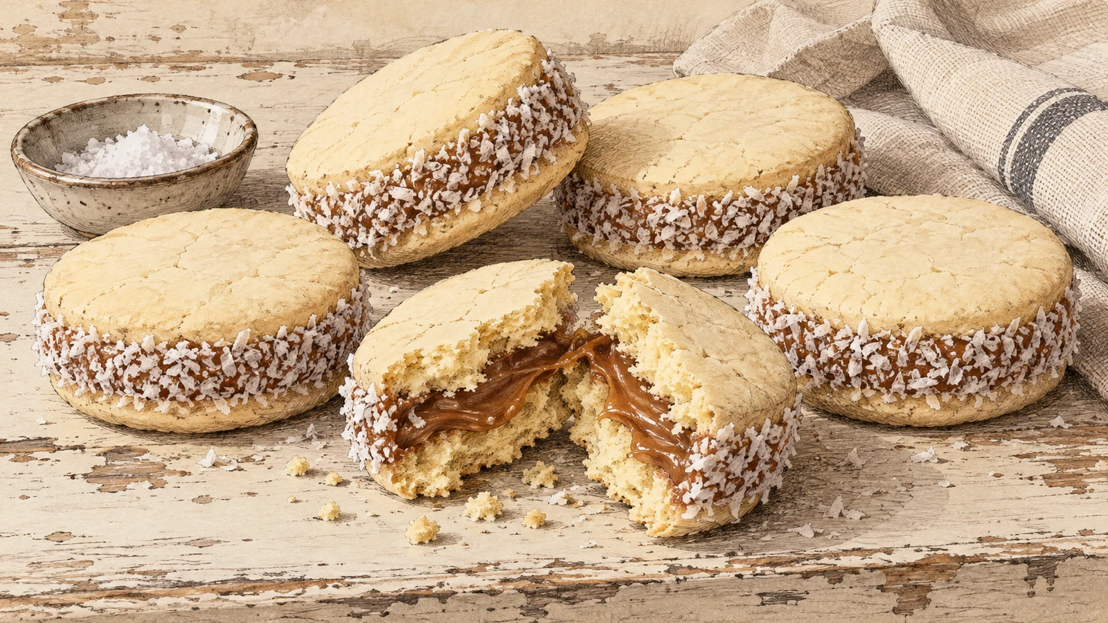 Five pale cornstarch alfajores filled with dulce de leche and rolled in coconut on a worn kitchen table, one broken open to show the crumb