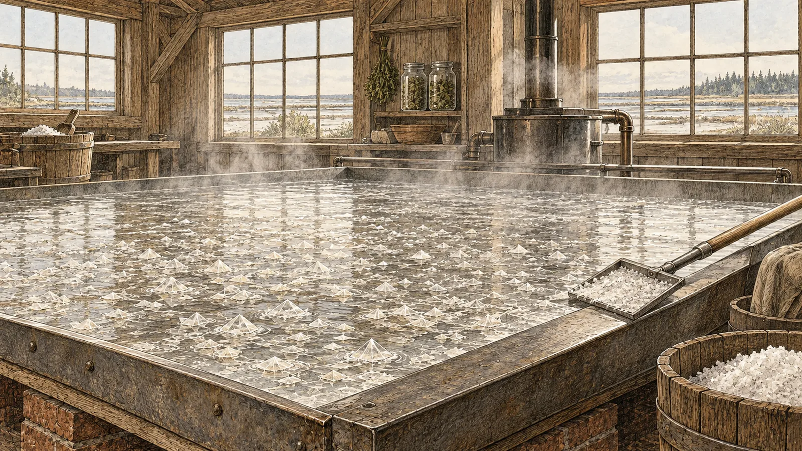 A shallow heated pan of brine indoors with pyramid crystals forming at the surface beside a raking tool