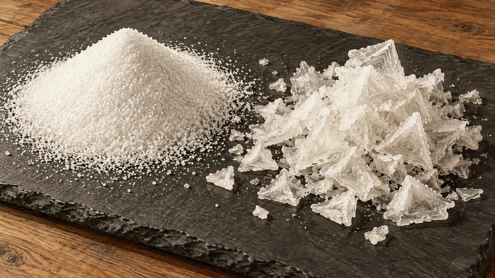 A spill of fine table salt beside a loose heap of pyramid salt flakes on a dark slate board