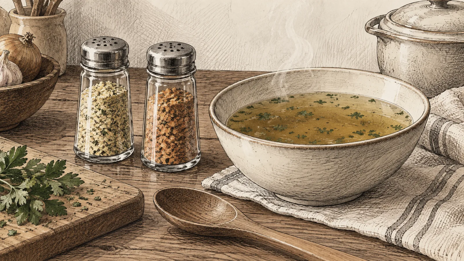 Two unbranded shakers of yellow and orange-flecked seasoning beside a bowl of clear broth on a kitchen table