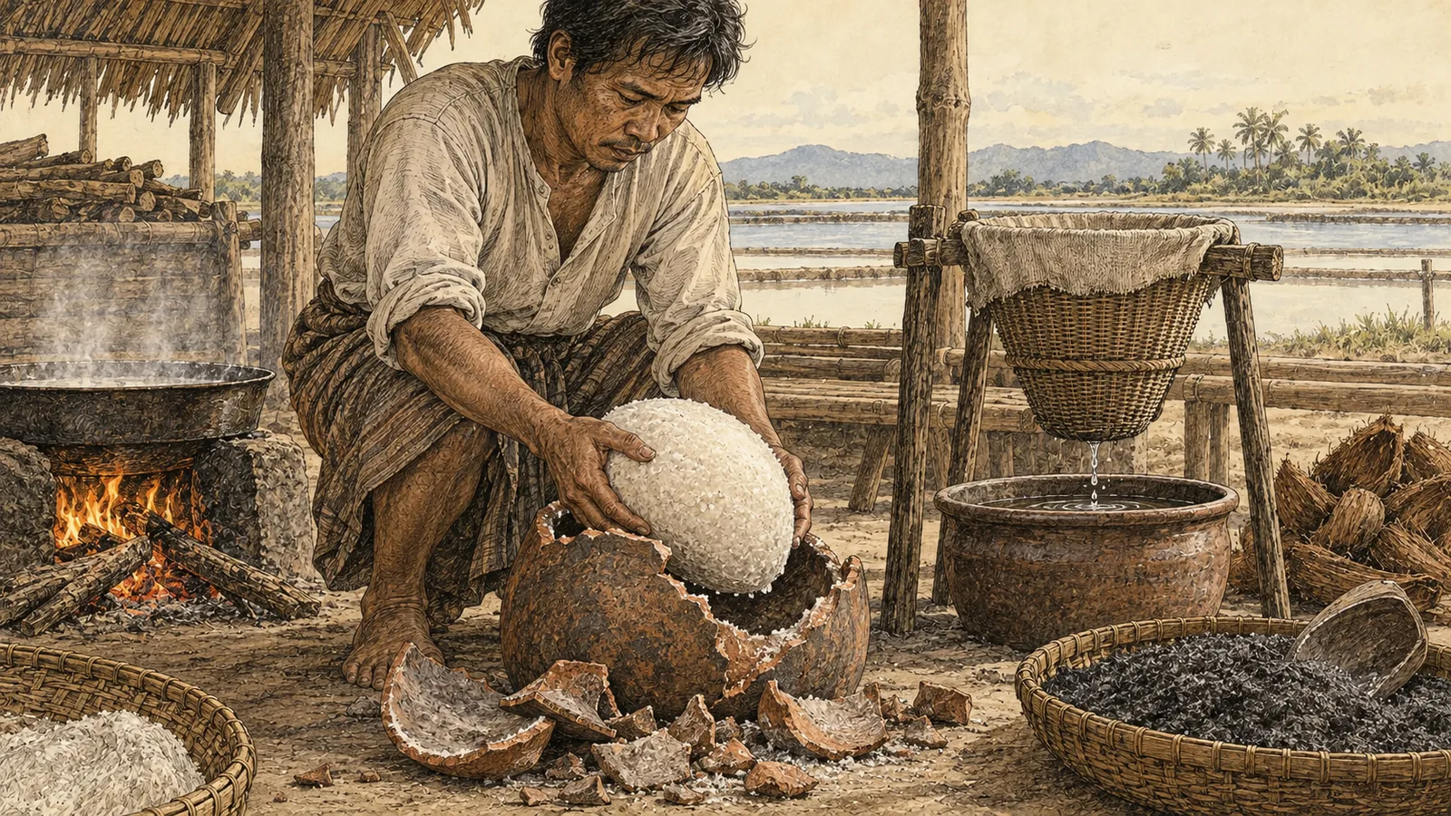 A salt maker lifting a pale ovoid block of salt out of the broken shell of an earthenware pot beside a low wood fire