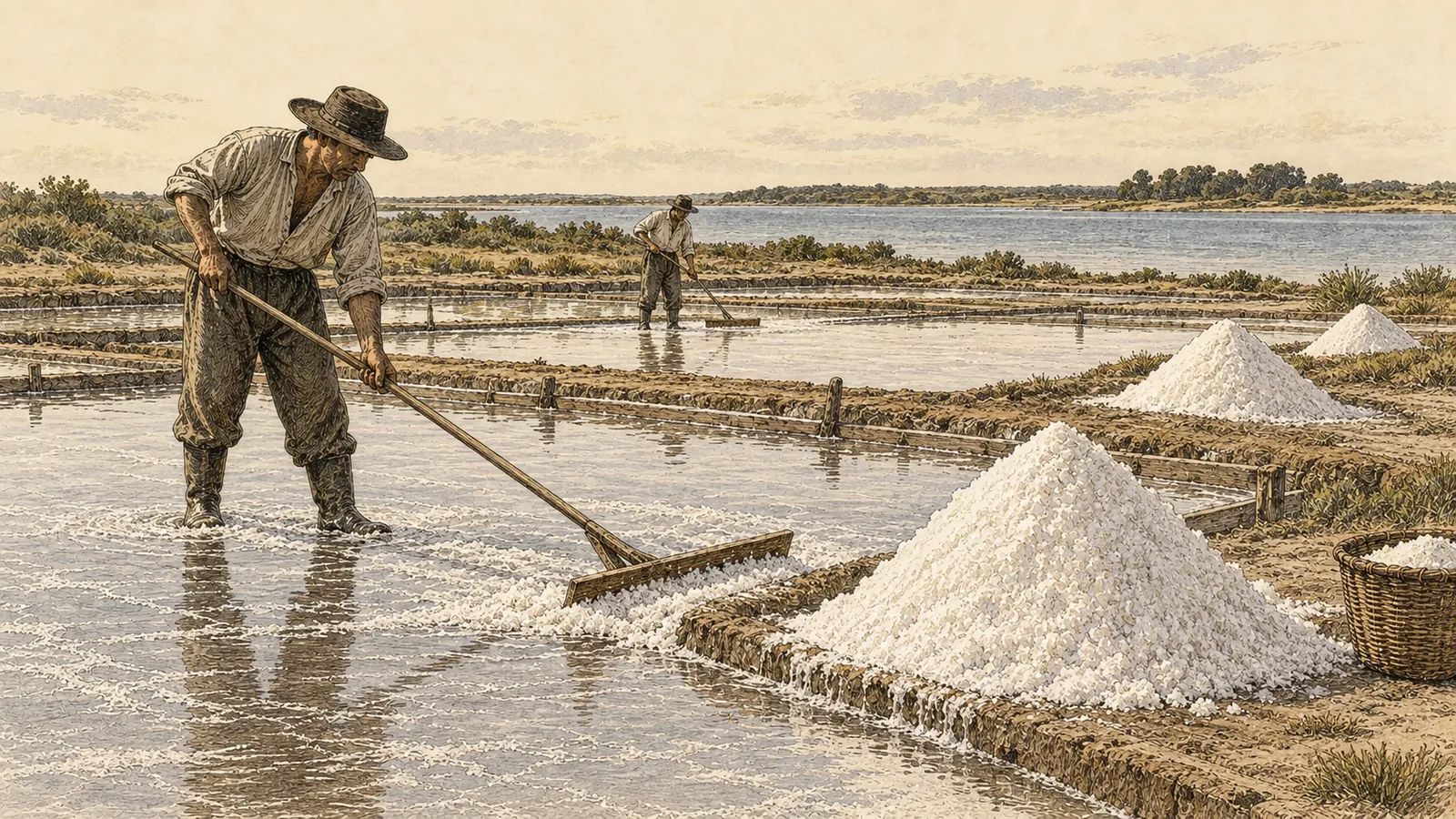 Shallow rectangular evaporation ponds divided by low earth walls beside a coastal lagoon, with conical heaps of wet salt draining at the edge