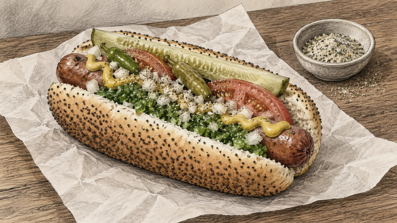 A Chicago-style hot dog on a poppy seed bun with a pickle spear and sport peppers, a small dish of pale green-flecked celery salt beside it