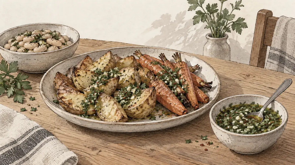 Pen-and-ink illustration of roasted potatoes and carrots, white beans and a bowl of coarse green chimichurri on a kitchen table