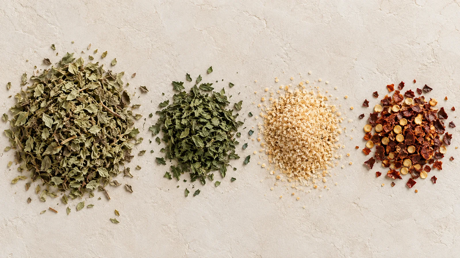 Four separate chimichurri ingredients on pale plaster