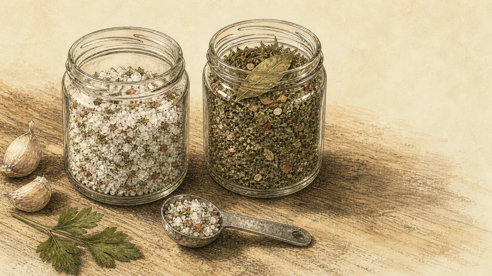 Two open unlabelled glass jars on a wooden counter - one of coarse herb-flecked salt, one of loose dried herb blend with a bay leaf on top - a quarter-teaspoon measure between them