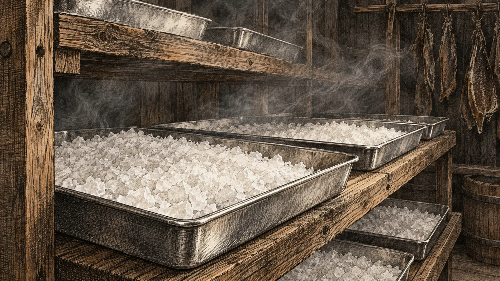 Shallow steel trays of pale salt crystals on racks inside a dim wooden smokehouse, a thin haze of smoke drifting across them