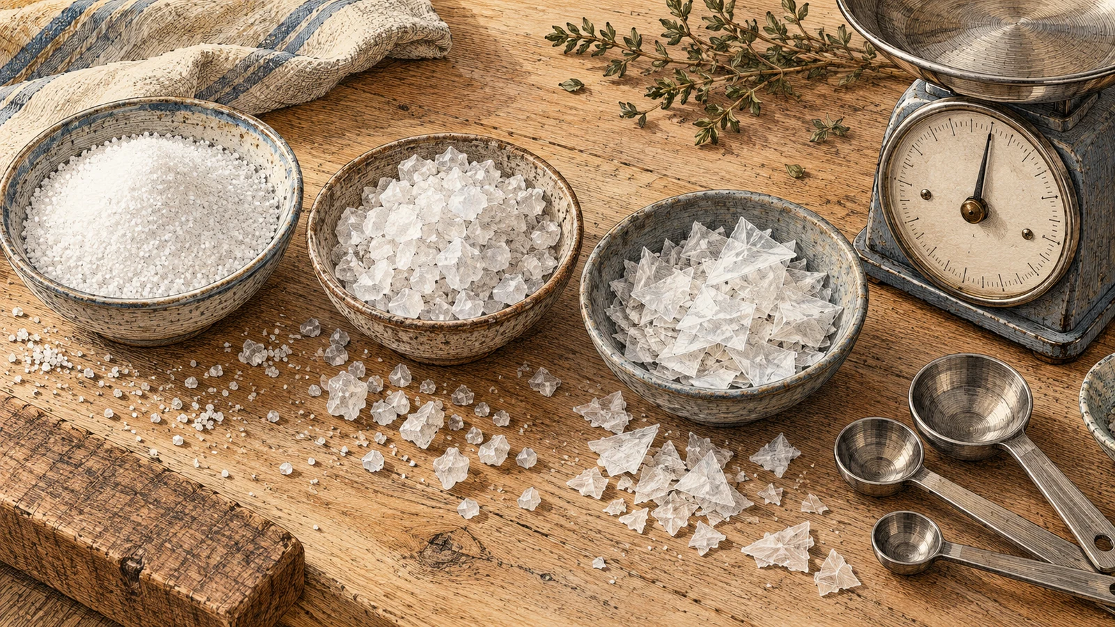 An engraved overhead kitchen table with dishes of fine salt, coarse crystals and thin finishing flakes beside a scale and measuring spoons