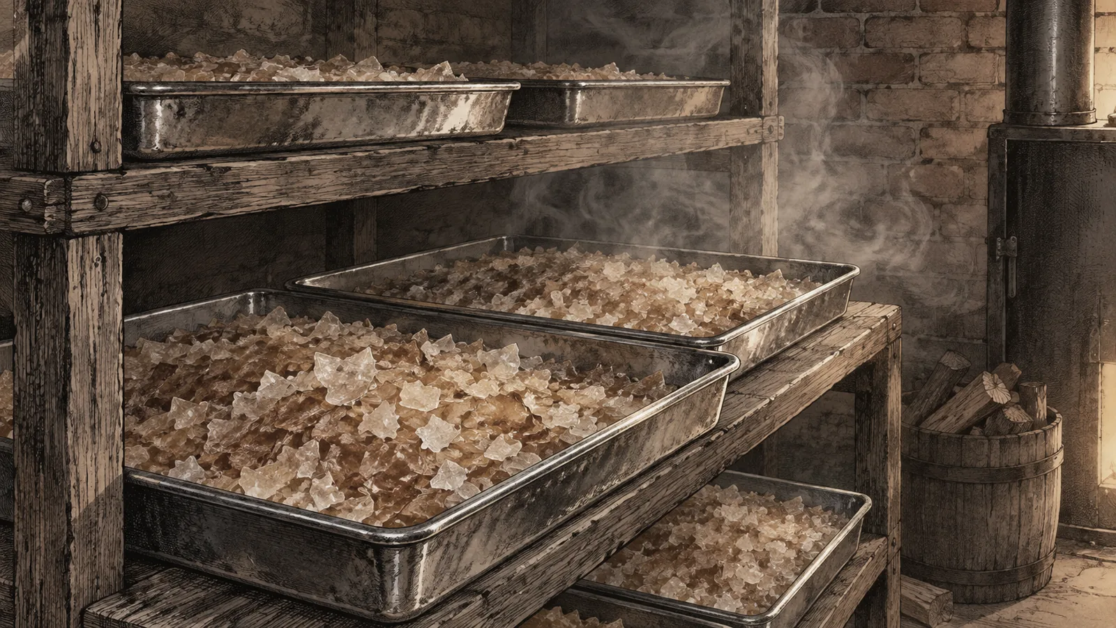 Shallow steel trays of amber salt flakes on racks inside a small brick smokehouse, a thin haze of smoke in the light from the door