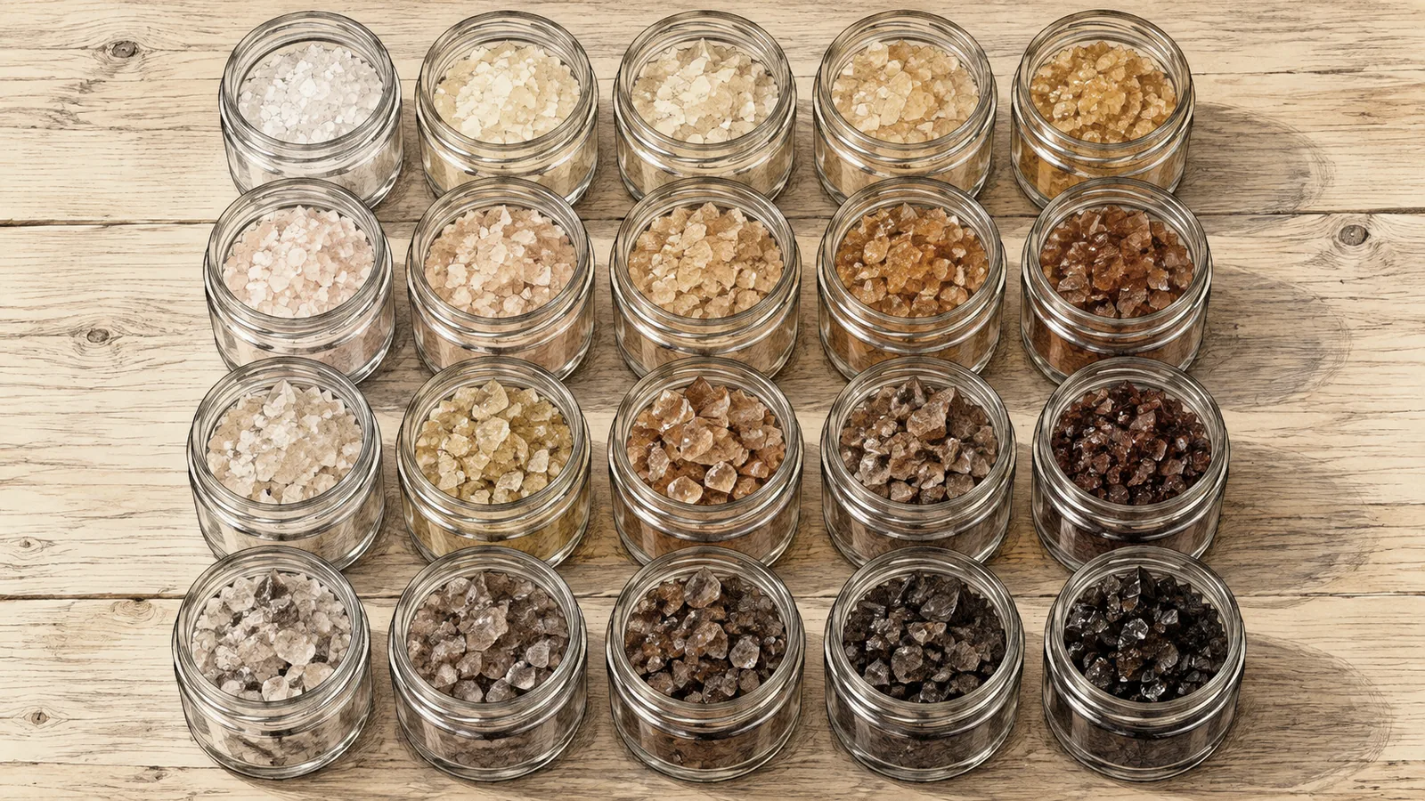 Twenty small open jars of smoked salt in a grid on a pale wooden table, ranging from pale gold to dark brown