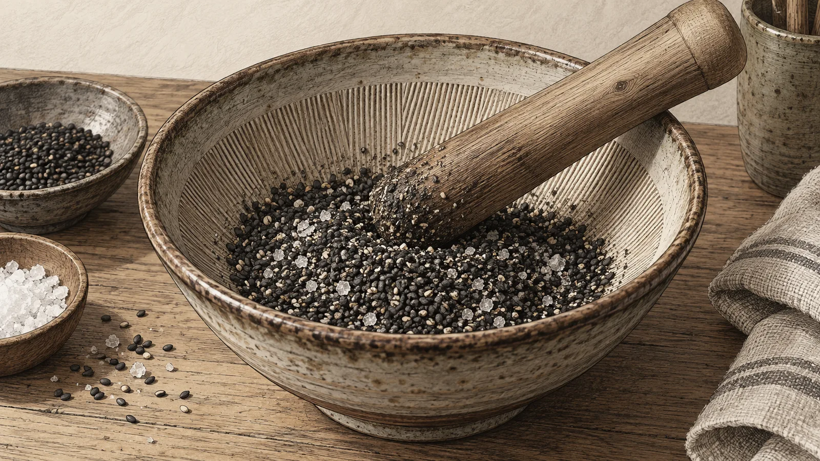 A ridged ceramic suribachi half full of cracked black sesame and salt, a wooden pestle resting across its rim