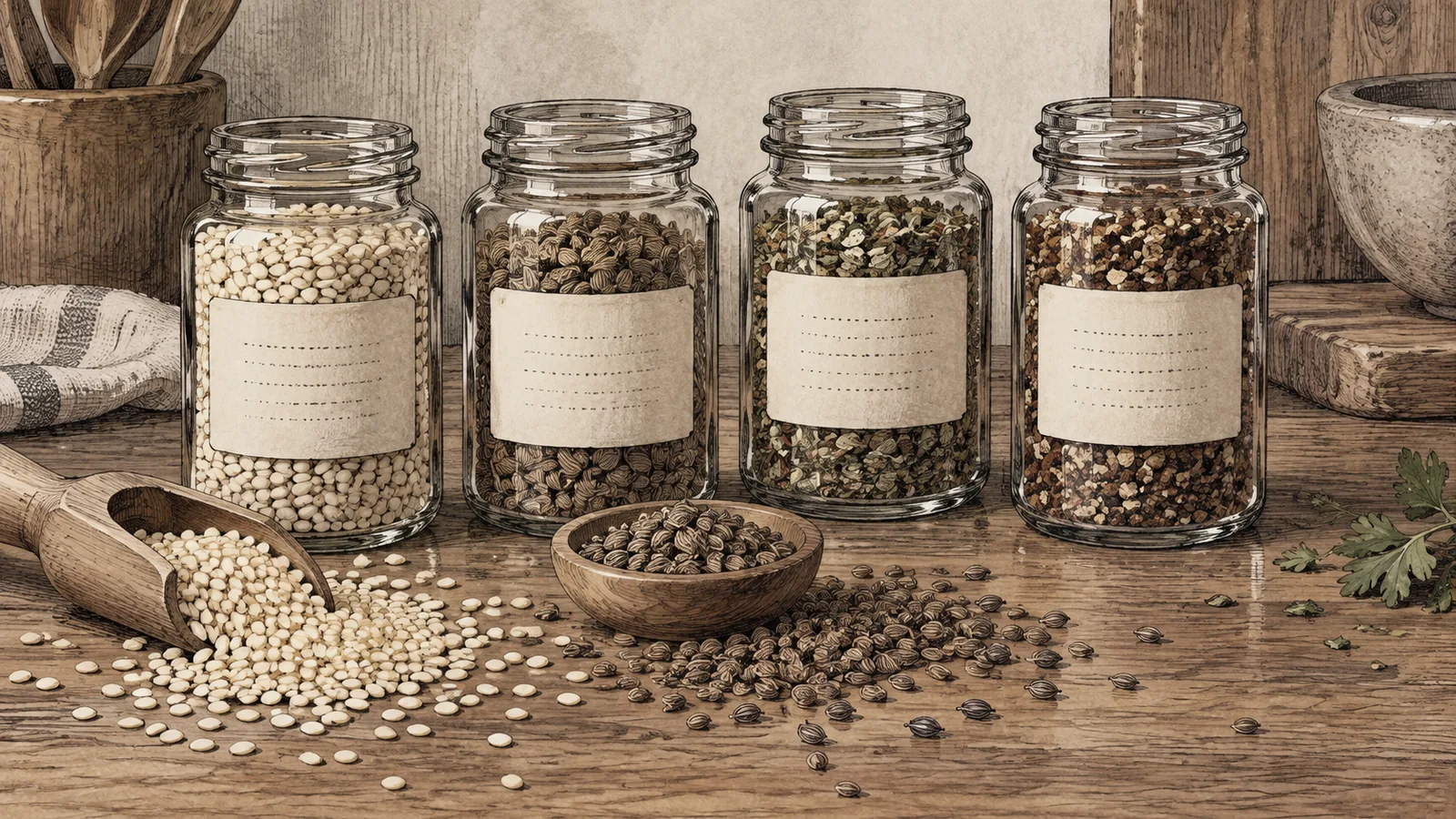 A row of seasoning jars turned to show their ingredient panels, with sesame and celery seed spilled across a wooden counter