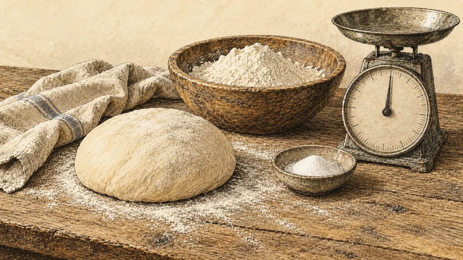 Bread dough, flour and a small dish of weighed fine salt beside a blank-dial kitchen scale on a wooden bench