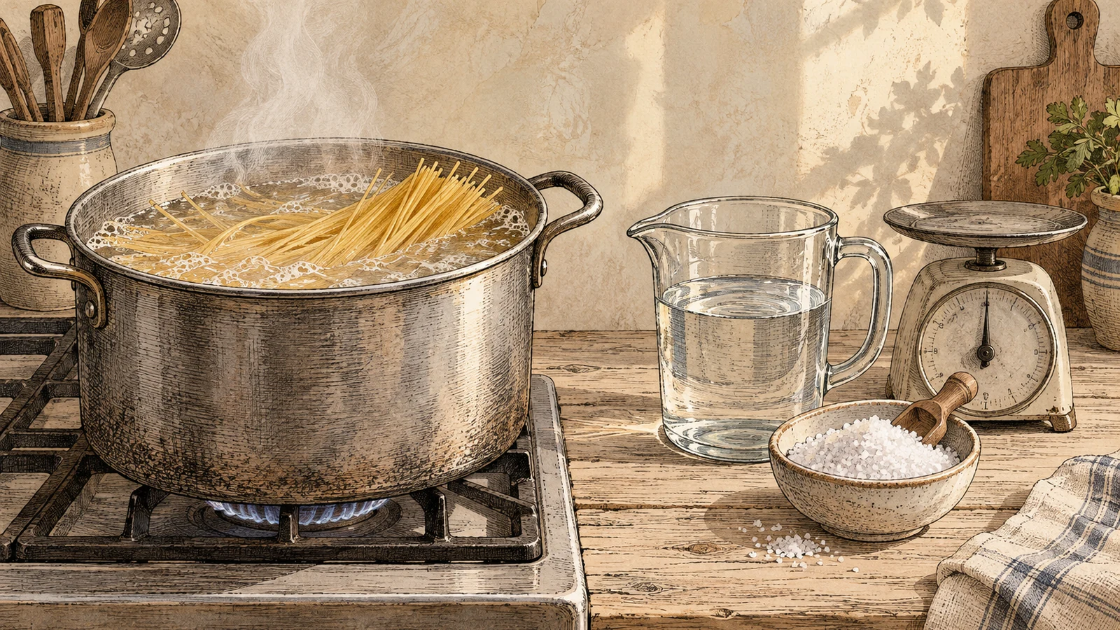 An engraved kitchen scene with spaghetti simmering in a broad pot beside a glass measure, a scale and a ceramic bowl of salt