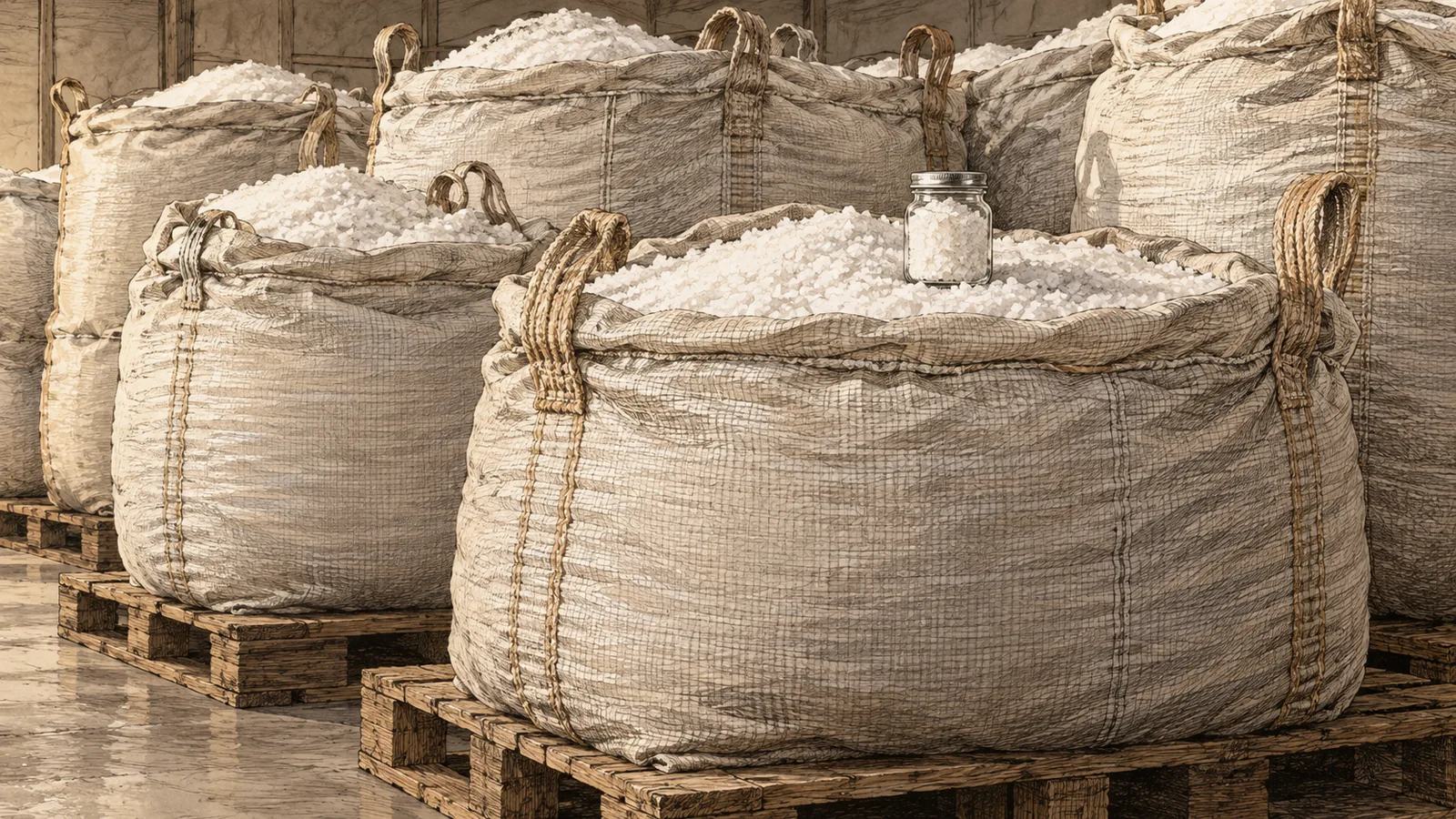 Stacked woven sacks of white salt on a warehouse pallet, one small glass jar of flake salt standing on the top sack