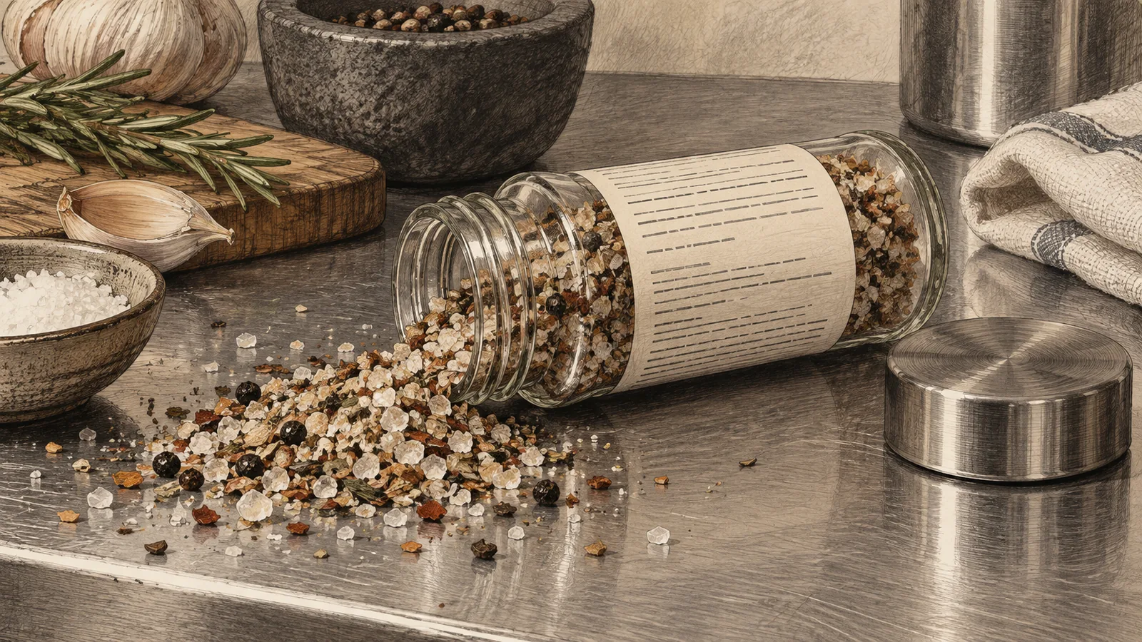A shaker jar of coarse steak seasoning lying on its side on a steel counter, the printed ingredient panel in sharp focus