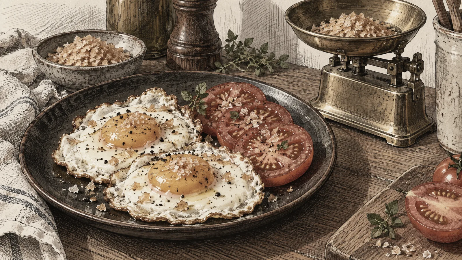 Amber smoked salt flakes scattered over two fried eggs and sliced tomatoes on a dark plate beside a small brass kitchen scale