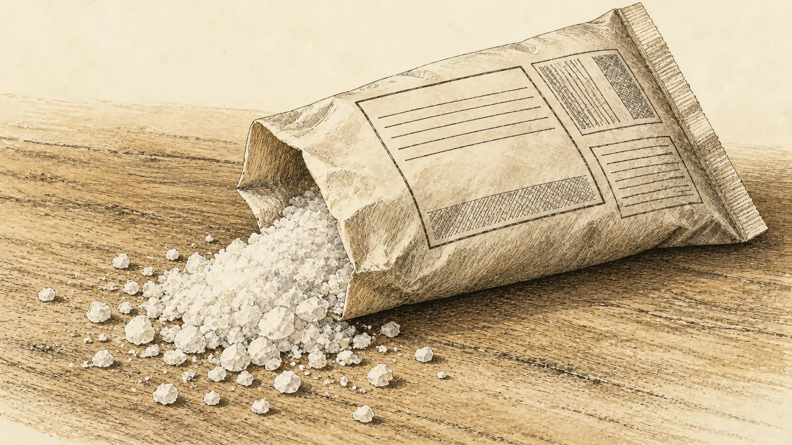 A close view of a paper salt packet turned to show its ingredient panel on a plain kitchen table