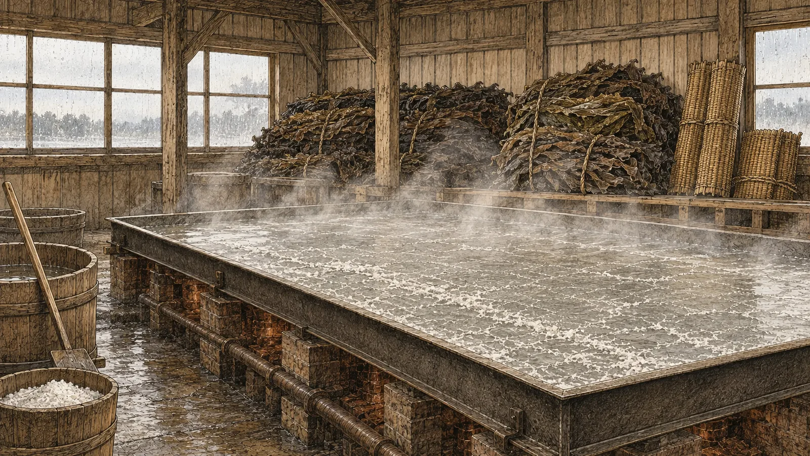 A shallow open pan of brine steaming indoors, bundles of dried brown seaweed stacked against the wall behind it