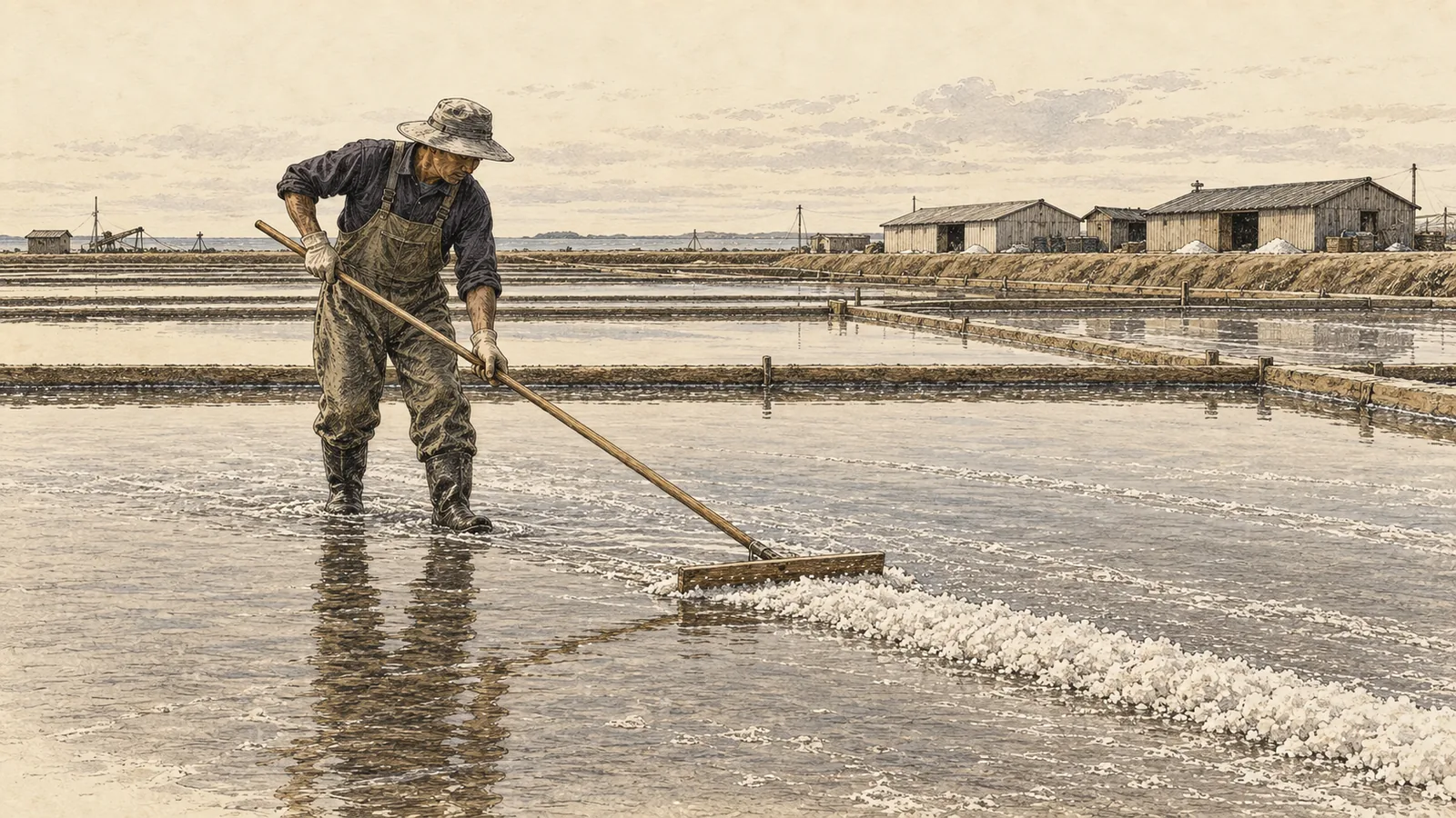 A worker pushing a long wooden rake across a shallow flooded salt bed on a tidal flat, low warehouses along the embankment behind