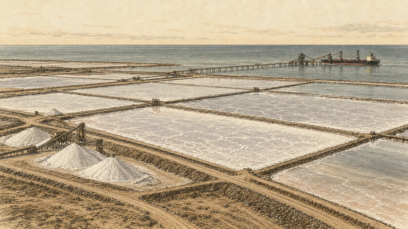 An aerial view of vast rectangular evaporation ponds on a flat arid coastline, a bulk carrier at a loading jetty beyond