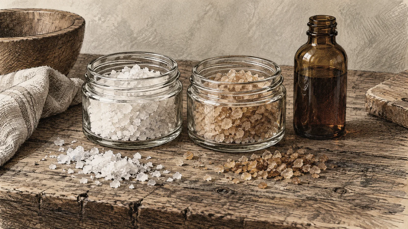 Two small open jars of salt on a worn timber bench, one white and one amber, beside a brown glass bottle of liquid smoke