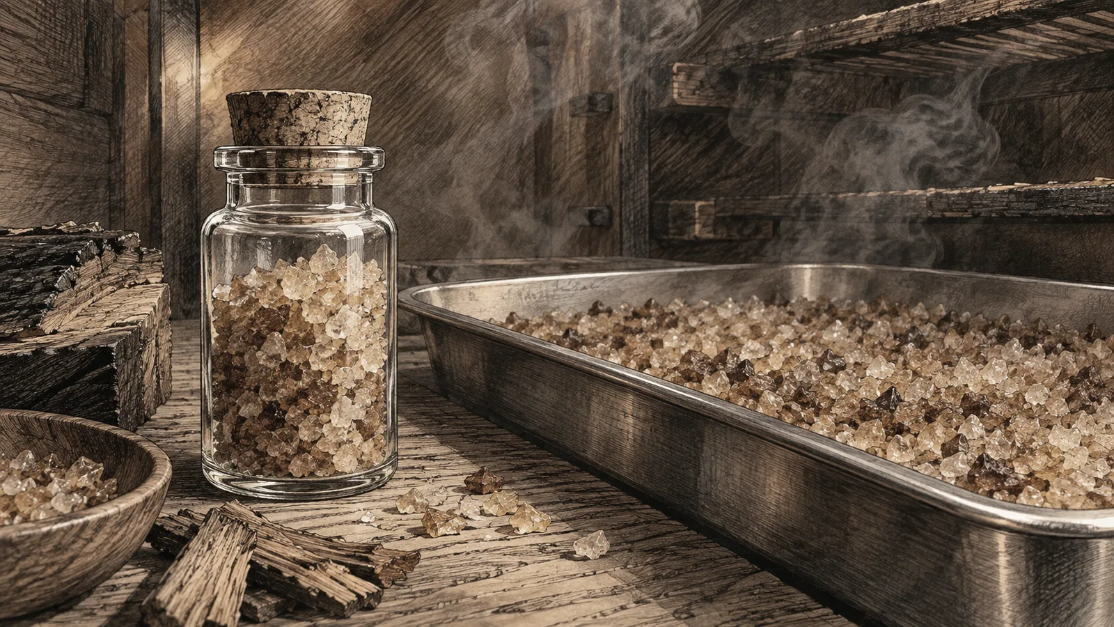 A laboratory glass vial of amber smoked salt crystals beside a stainless tray of salt inside a dim wooden smoking chamber