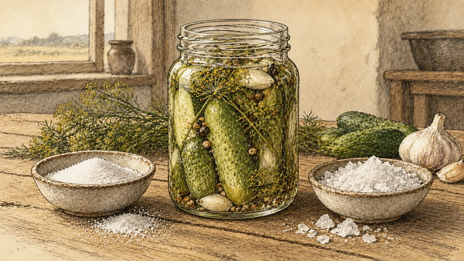 An unlabeled glass jar of cucumber pickles between dishes of fine pickling salt and broad kosher salt flakes