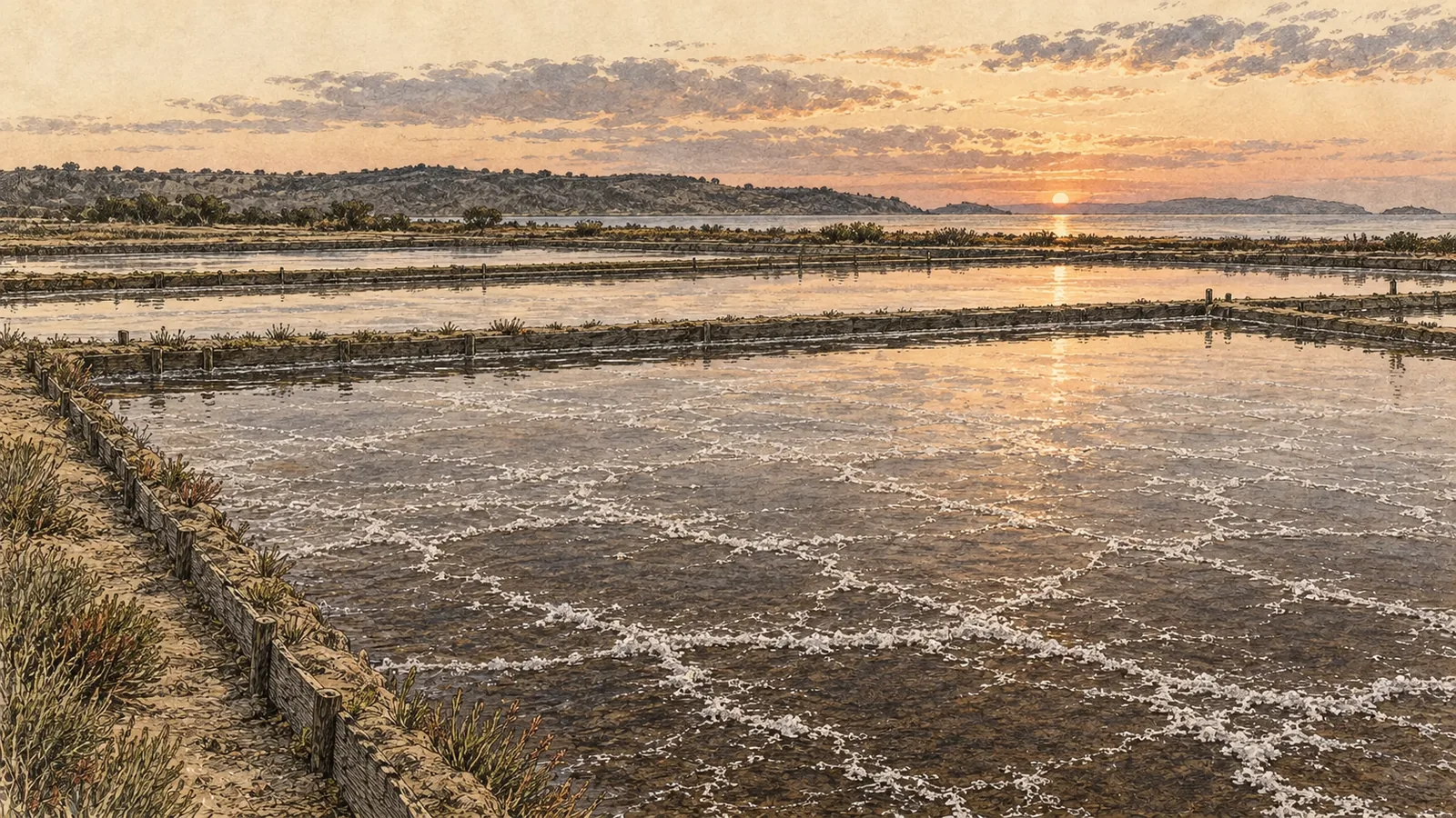 A shallow crystallisation basin at dusk, its dark level floor crusted with white salt and divided by low earth walls