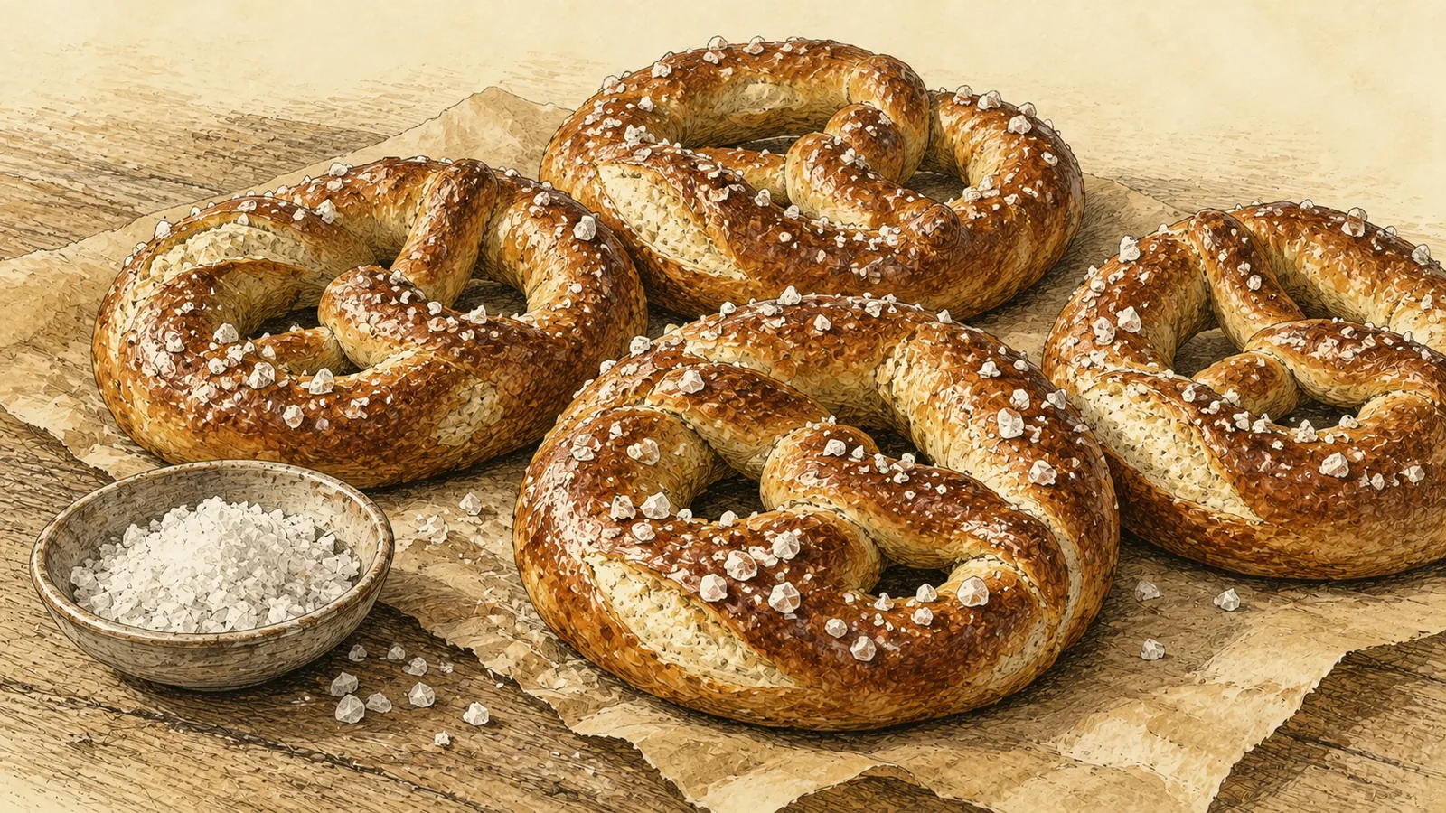 Freshly baked brown pretzels topped with distinct coarse white salt crystals beside a small dish of pretzel salt